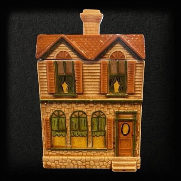 VTG VICTORIAN HOUSE COOKIE JAR 2 STORY SAN FRANCISCO STYLE CERAMIC BROWN 7.5” - Picture 1 of 10